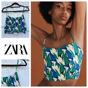 Zara Women's Smocked Cropped‎ Tank Top Blue Green Print Spaghetti Straps L